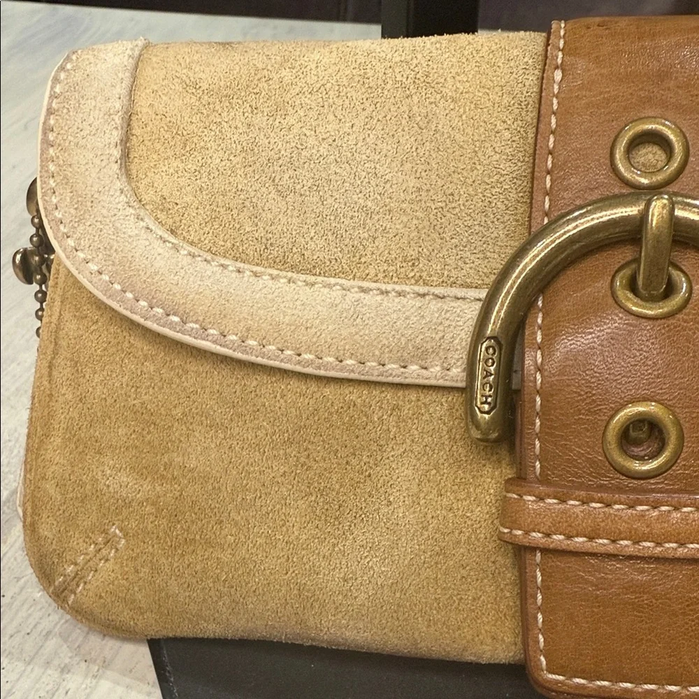 Vintage Coach Legacy Tan and Brown Suede Wristlet with Gold Hardware